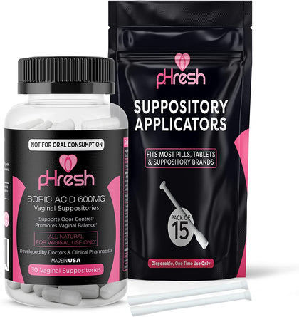 Boric Acid Vaginal Suppositories 600mg (30 Count Veggie Capsules) + 15 Vaginal Suppository Applicators